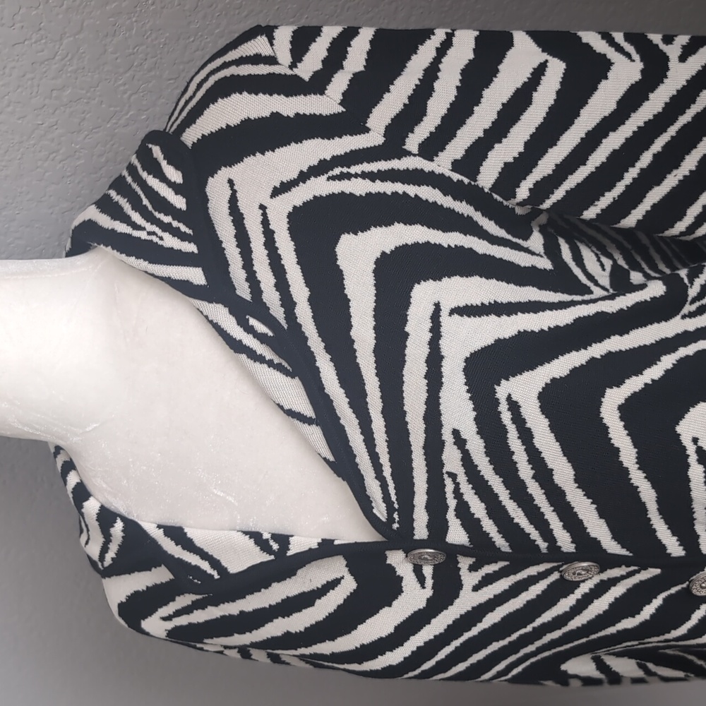 Chico's Size Small Black and White Stripe Silk Blend Sweater Silver Buttons - Picture 2 of 5